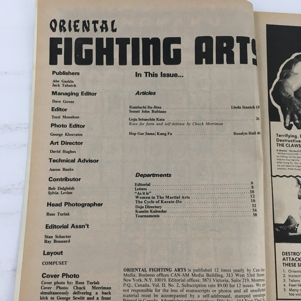 Table of contents from the Oriental Fighting Arts Magazine August 1975, featuring articles on martial arts including Kumuchi Jiu-Jitsu, Goju Seirunch Kata, and Hop Gar Kung Fu.