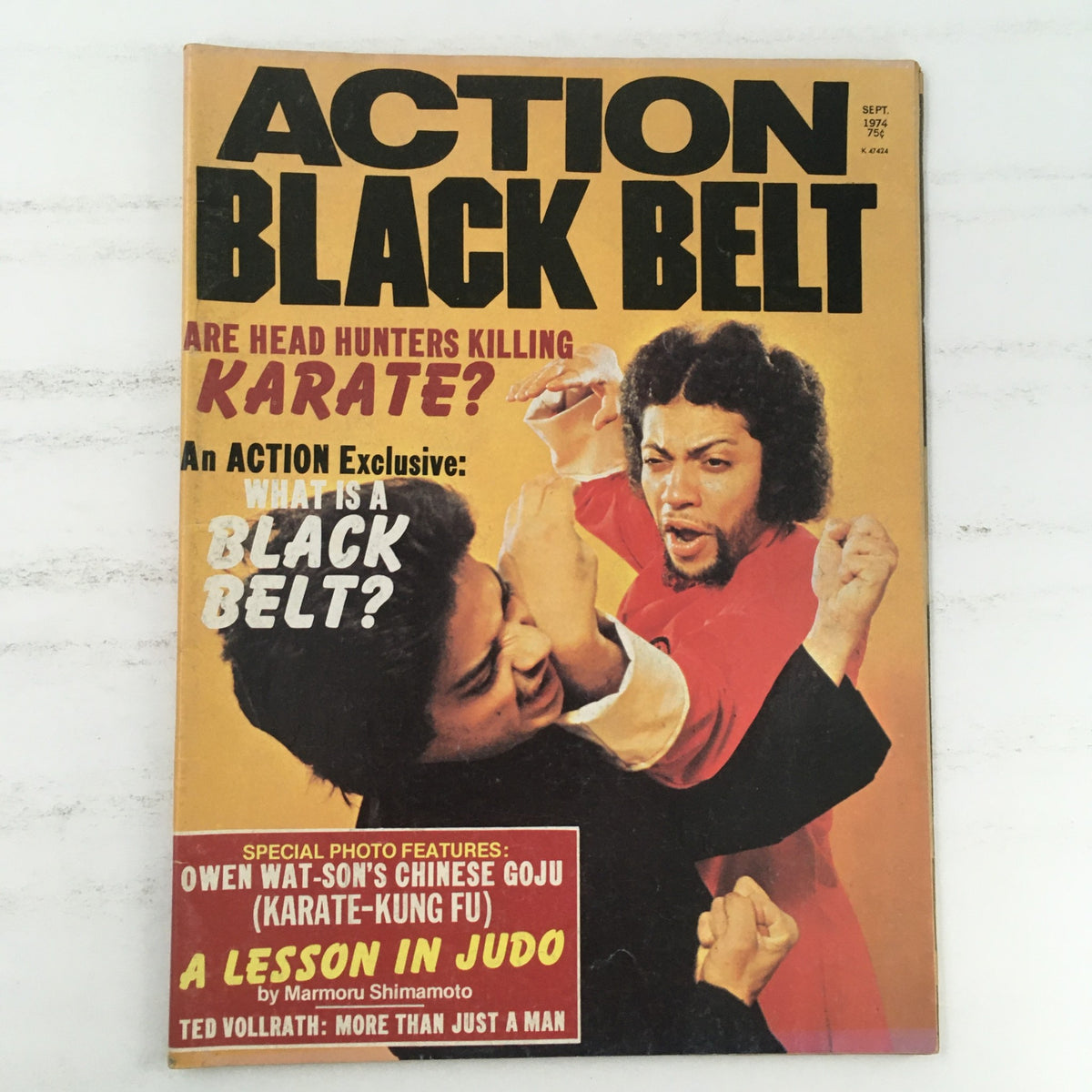 Action Black Belt Magazine September 1974 Vol 1 #2 featuring Owen Watson on the cover, showcasing articles on martial arts including Chinese Goju and Judo, with an action-packed image and bold graphics.