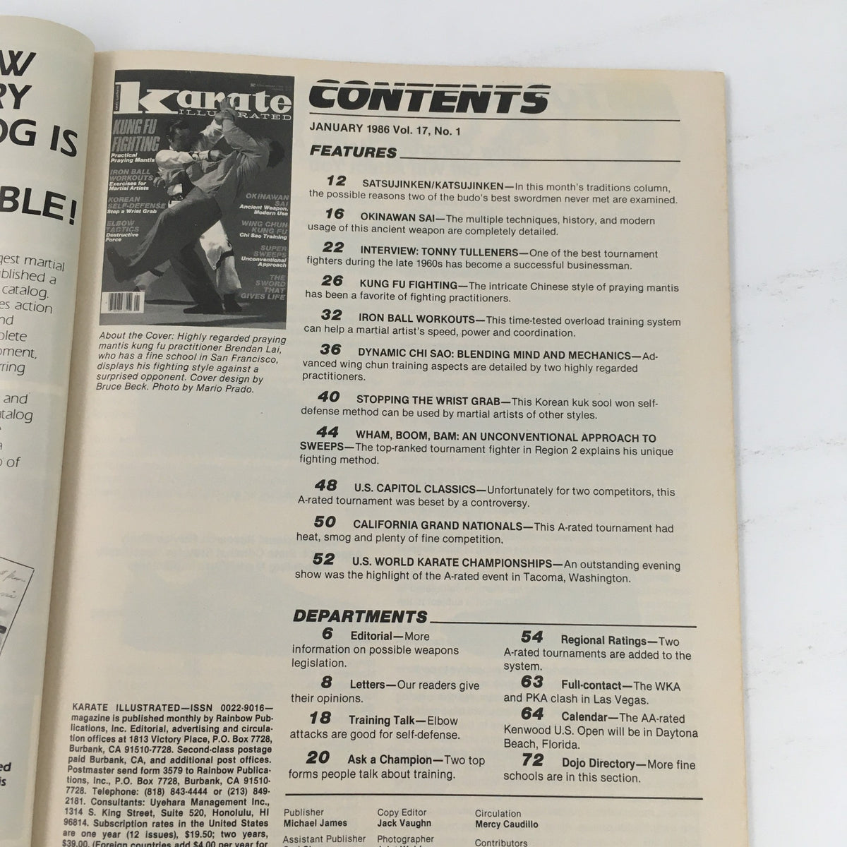 Contents page of Karate Illustrated Magazine January 1986 Vol 17 #1 detailing features including 'Kung Fu Fighting' and 'Iron Ball Workouts', showcasing the magazine's focus on martial arts techniques.