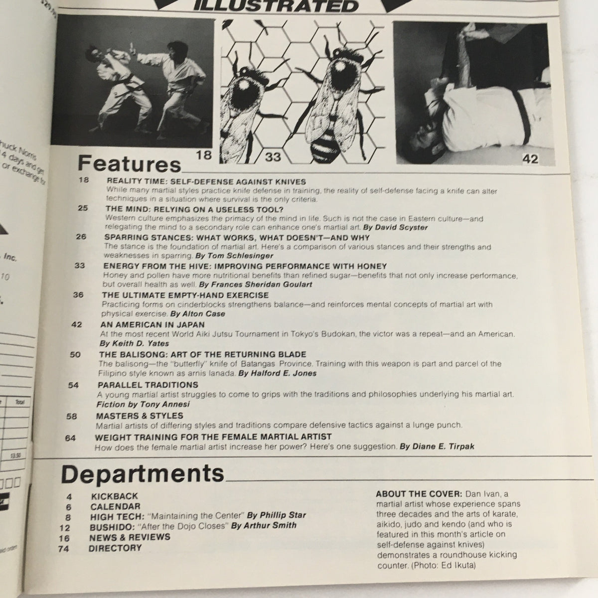 Inside page of Kick Illustrated Magazine June 1983 Vol 4 #6, detailing articles on self-defense against knives, sparring techniques, and the philosophies of martial arts.