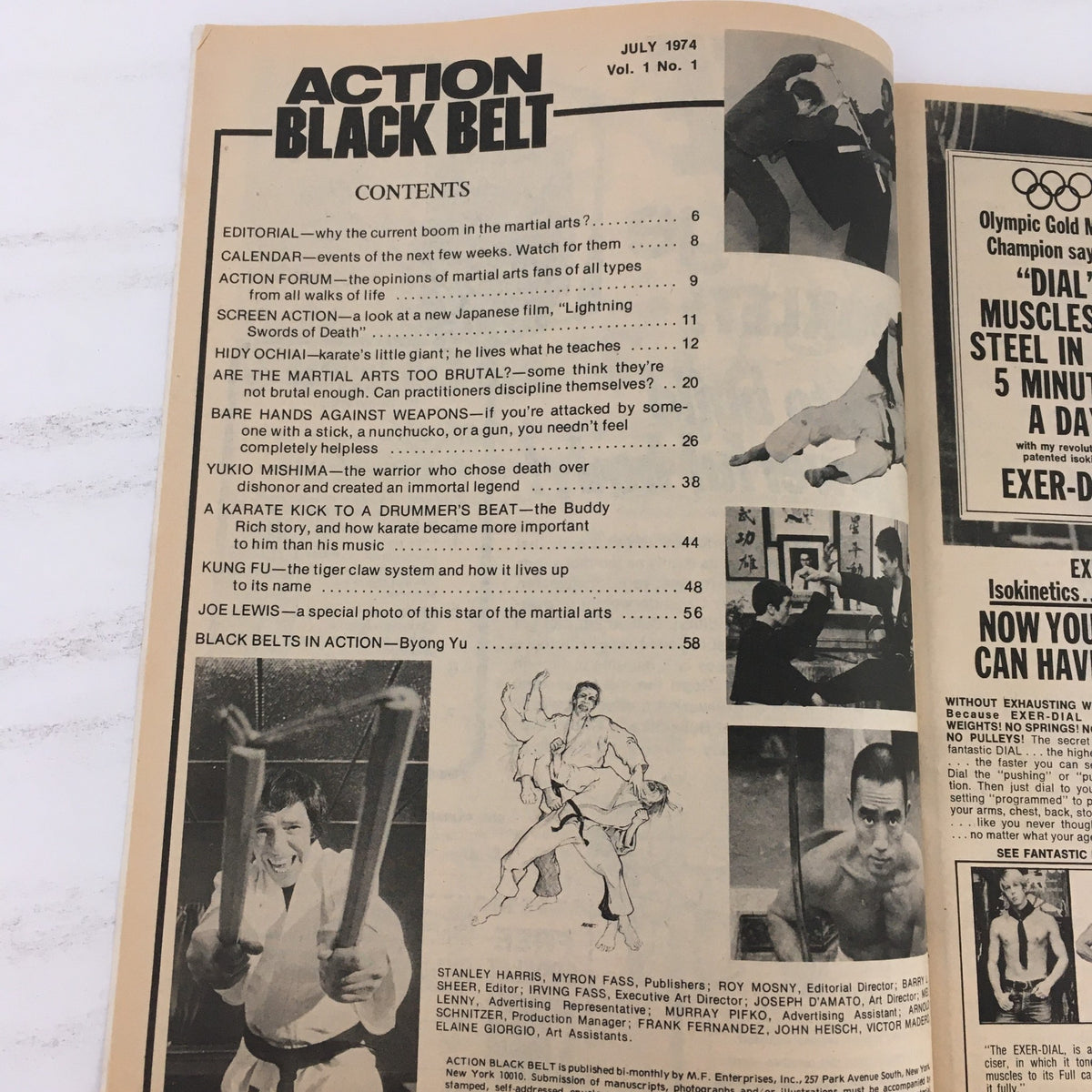 Inside contents page of Action Black Belt Magazine July 1974 Vol 1 #1, detailing articles including martial arts editorial and topics on Wai Hong, Hidy Ochiai, and karate techniques.