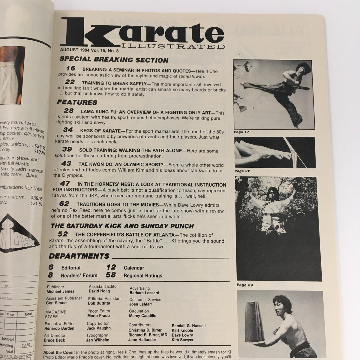Page from Karate Illustrated Magazine August 1984 Vol 15 #8 featuring contents and articles including Hee Il Cho's seminar on breaking techniques, an overview of Lama Kung Fu, and insights into karate's evolution during the 1980s.