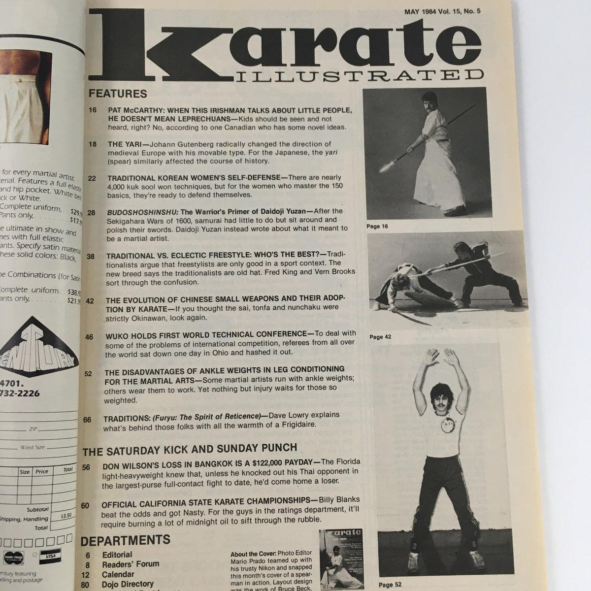 Inside page of Karate Illustrated Magazine May 1984, Vol 15 #5 displaying features including articles on traditional and freestyle martial arts, alongside highlights from the publication.