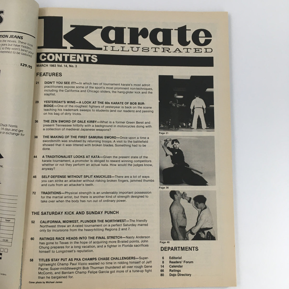 Contents page of Karate Illustrated Magazine March 1983, detailing featured articles and topics related to karate, including 'The Zen Sword of Dale Kirby'.