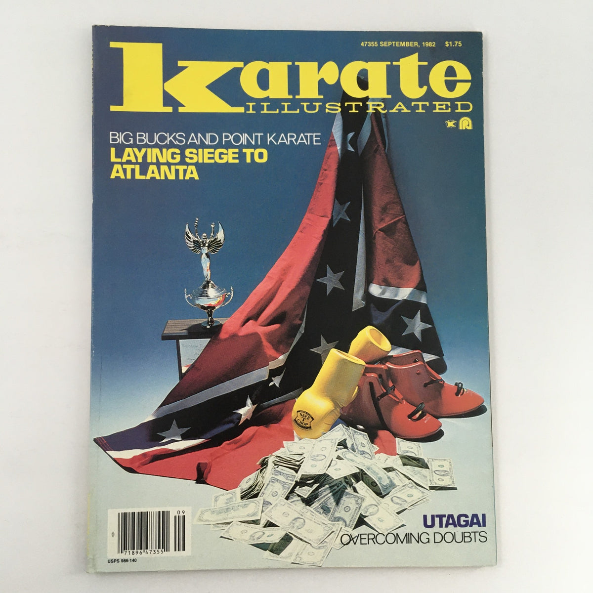 Karate Illustrated Magazine September 1982 cover featuring prize money theme, highlighting martial arts competition with yellow lettering on a blue background, showcasing a trophy, karate gear, and cash.