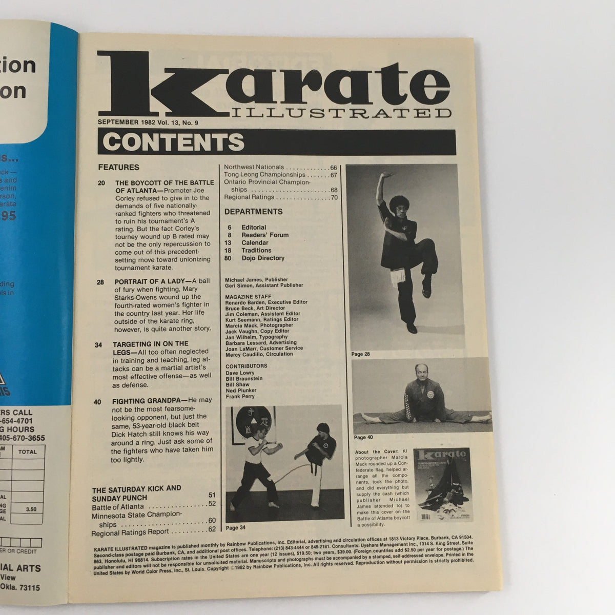 Contents page of Karate Illustrated Magazine, September 1982 featuring articles on the boycott of the Battle of Atlanta, a portrait of a martial artist, targeting techniques, and a feature on Fighting Grandpa, highlighting the magazine's focus on martial arts history and culture.