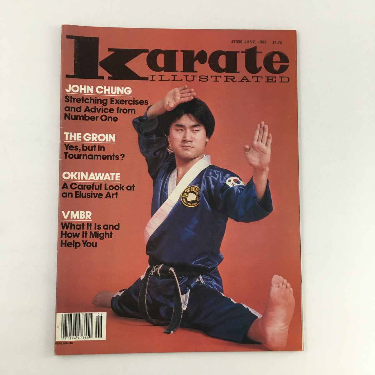 Cover of Karate Illustrated Magazine June 1982 Vol 13 #6 featuring John Chung in a blue karate gi, highlighting articles on stretching, training techniques, and the impact of karate.
