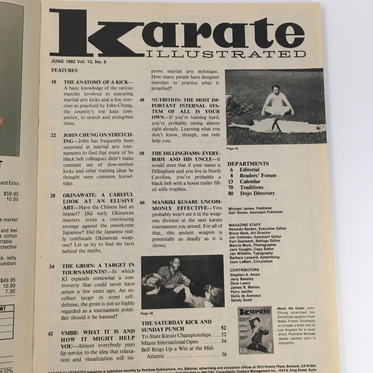 Interior page of Karate Illustrated Magazine June 1982 Vol 13 #6 showcasing feature topics including John Chung on stretching exercises, and discussions on various martial arts topics.