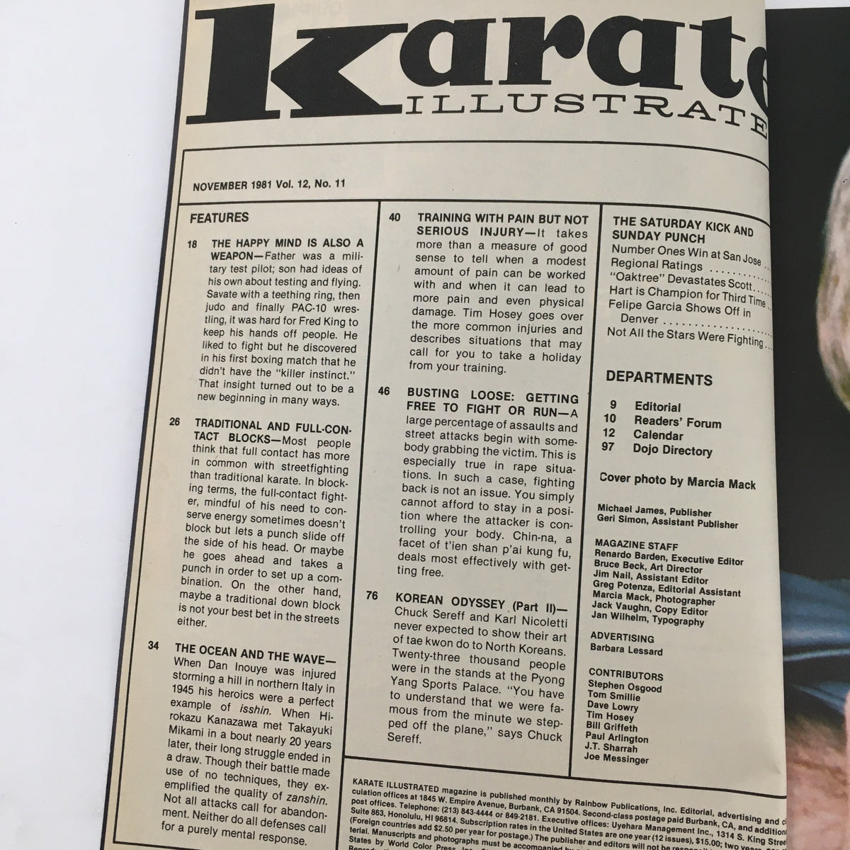 Inside spread of Karate Illustrated Magazine November 1981 Vol 12 #11 showcasing featured articles and editorial notes on martial arts.