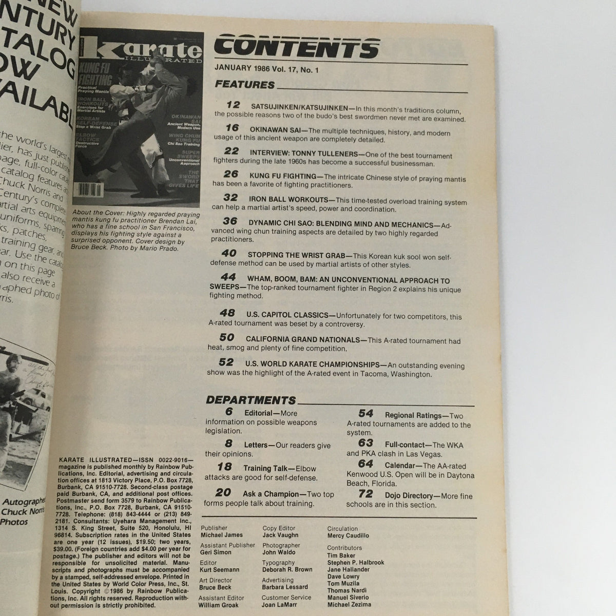 Contents page of Karate Illustrated Magazine January 1986 Vol 17 #1, detailing features on martial arts training techniques, interviews, and competition coverage.