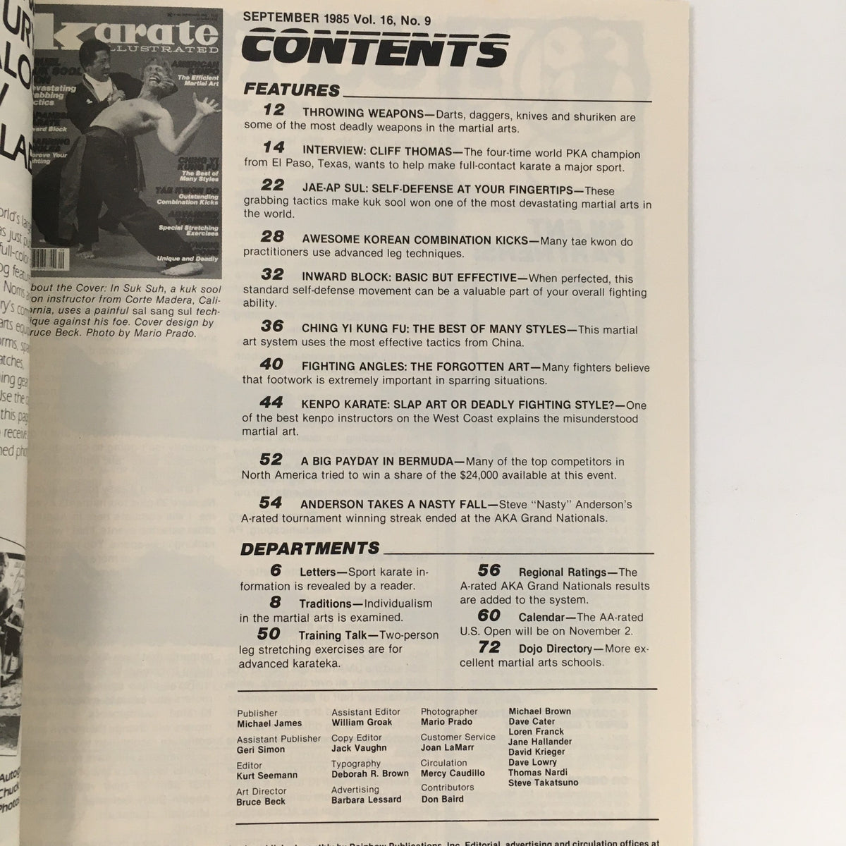 Contents page of Karate Illustrated Magazine September 1985 Vol 16 #9 detailing articles on throwing weapons, self-defense, and karate training techniques.