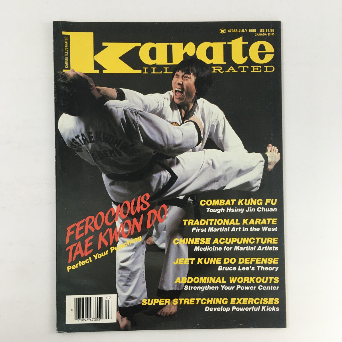 Cover of Karate Illustrated Magazine July 1985 Vol 16 #7 featuring Woo Kim, highlighting martial arts themes like Tae Kwon Do and Kung Fu.
