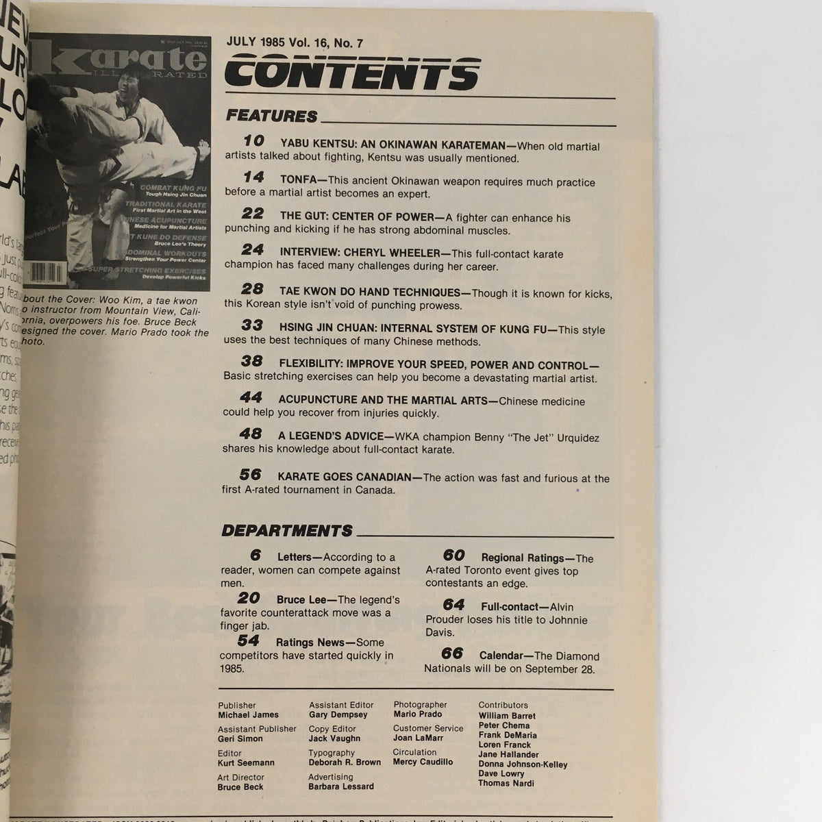 Contents page of Karate Illustrated Magazine July 1985 Vol 16 #7, listing features on martial arts topics including Karate techniques and interviews.