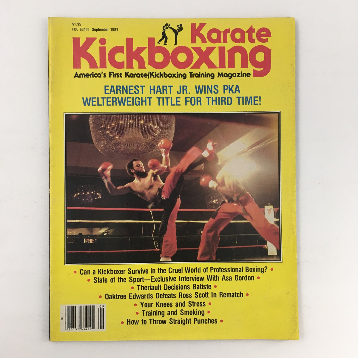 Cover of Karate Kickboxing Magazine September 1981 Vol 1 #4 featuring Earnest Hart Jr. who won the PKA Welterweight title, showcasing martial arts action and vintage design.