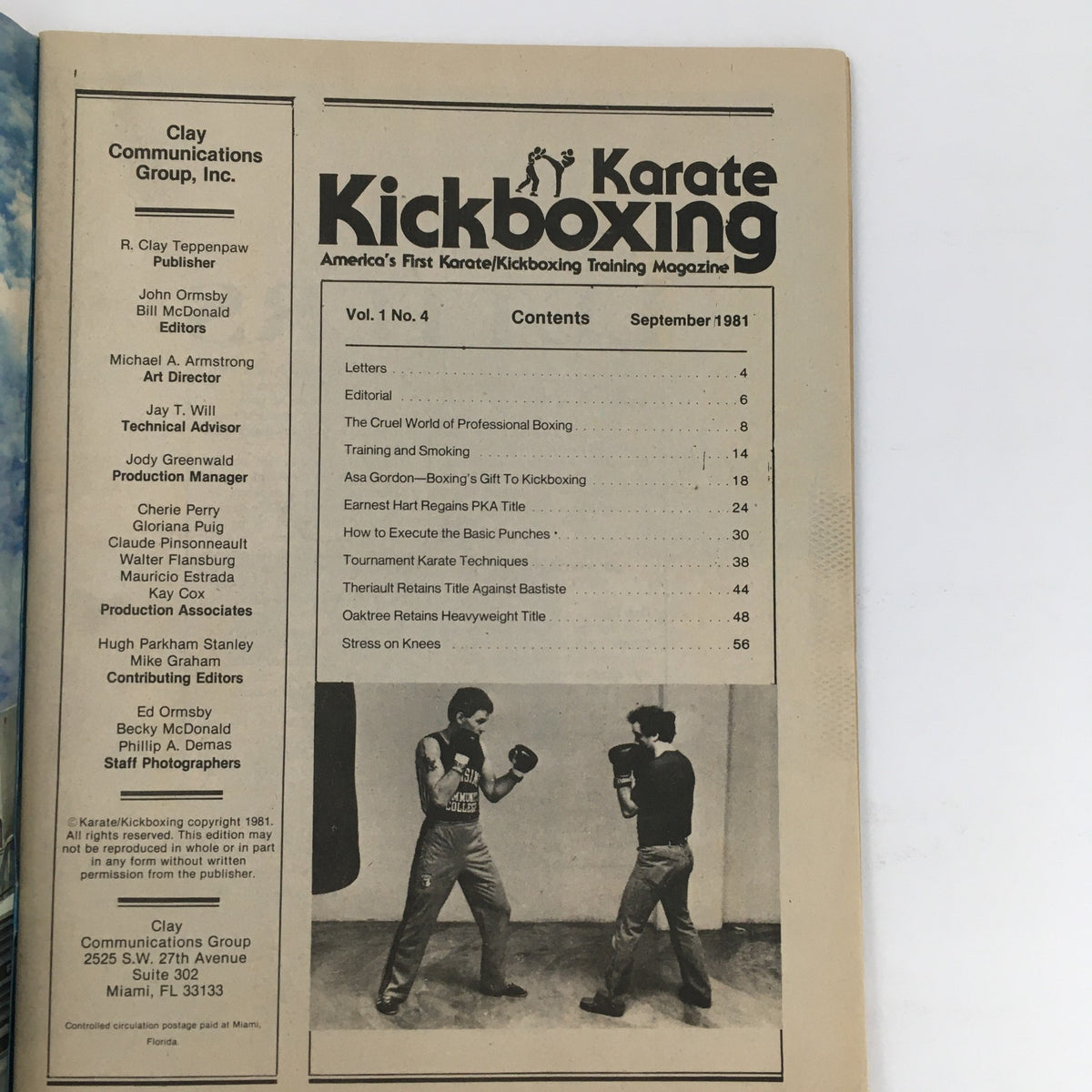 Interior page of Karate Kickboxing Magazine September 1981 Vol 1 #4 displaying table of contents and featuring two fighters in a sparring match, emphasizing martial arts training.