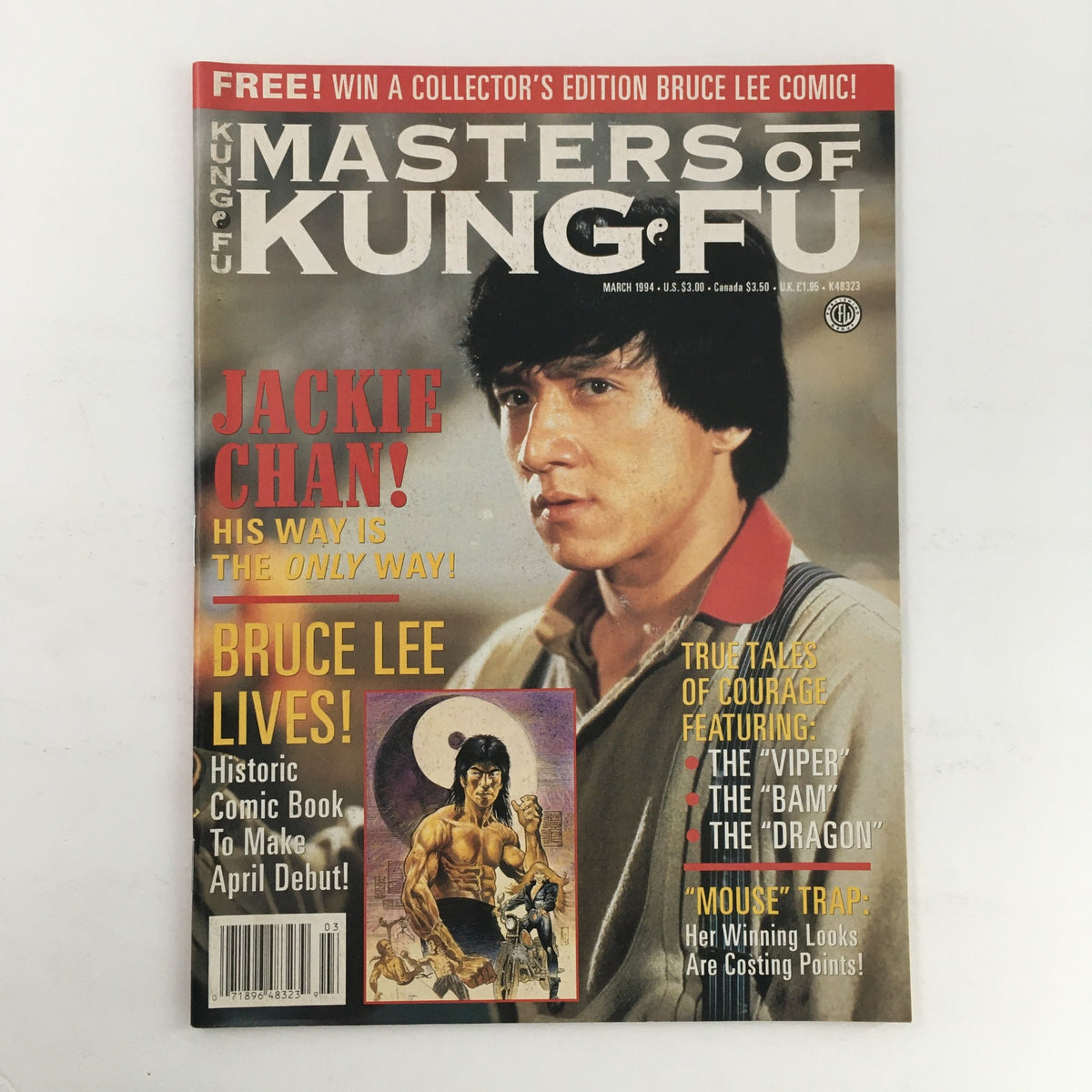 Masters of Kung Fu Magazine March 1994 Vol 1 #10 featuring Jackie Chan on the cover, highlighting his influence in martial arts cinema.