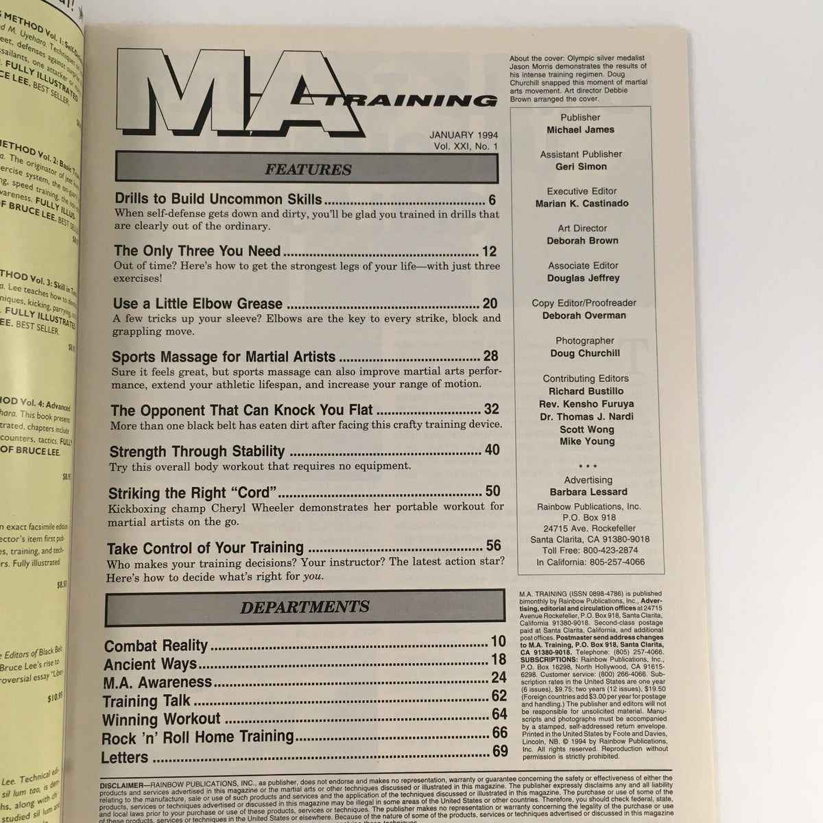 Interior page of MA Training Magazine January 1994 Vol 21 #1, displaying the table of contents, highlighting features on martial arts skills, training exercises, and self-defense strategies.