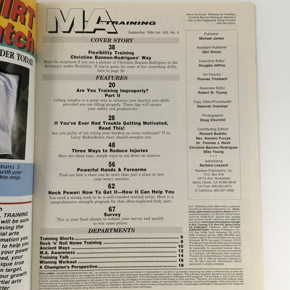 Inside page from MA Training Magazine, September 1994 Vol 21 #5 featuring Christine Bannon Rodrigues, highlighting articles on flexibility training, injury reduction, and motivation for martial artists.