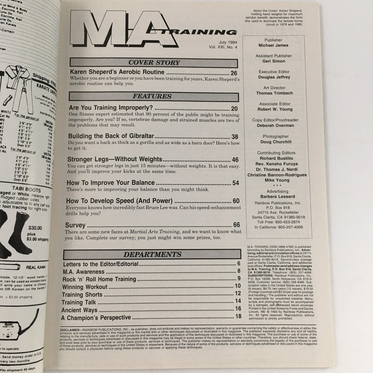 Inside page of MA Training Magazine July 1994, Volume 21 Issue #4 listing the cover story on Karen Sheperd and various features related to martial arts training.