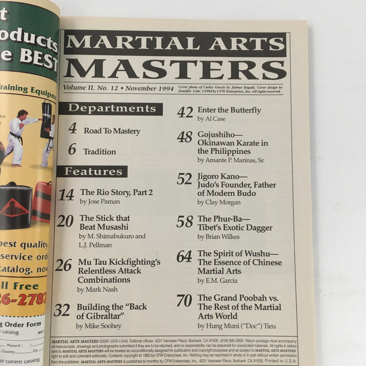 Inside page of Martial Arts Masters Magazine November 1994 Vol 2 #12. Contains table of contents with articles about martial arts techniques and features.