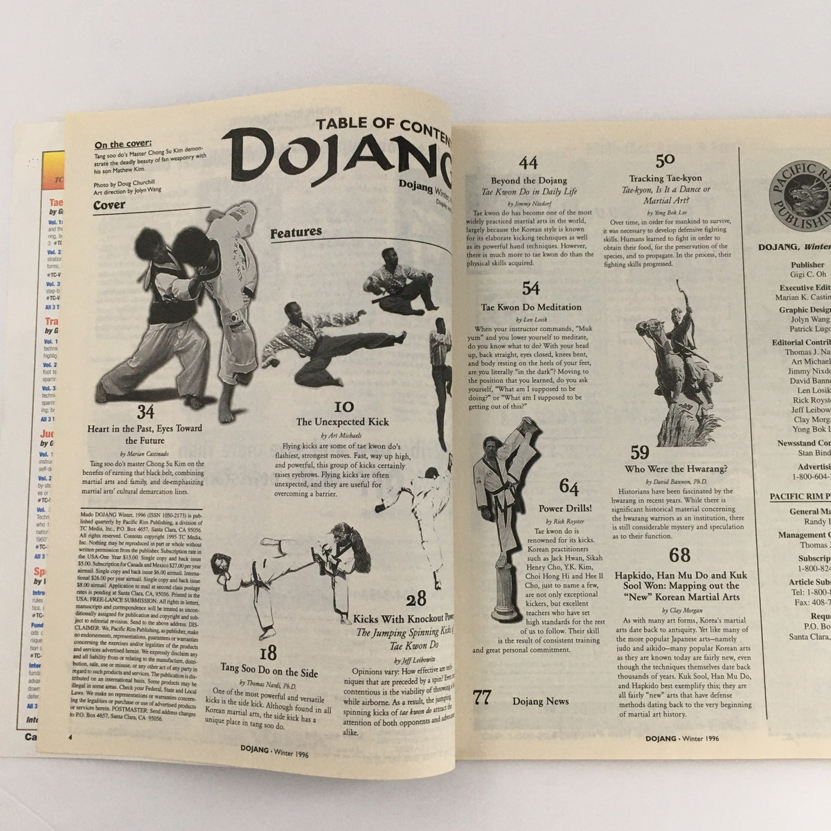Table of contents from Mudo Dojang Magazine Winter 1996, highlighting features on martial arts techniques, philosophies, and community events.