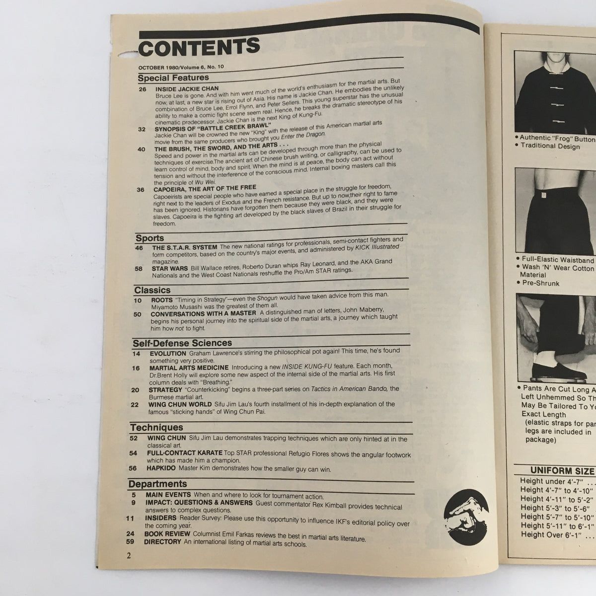 Table of contents from Inside Kung Fu Magazine October 1980 Vol 6 #10, detailing special features including Jackie Chan and martial arts techniques.