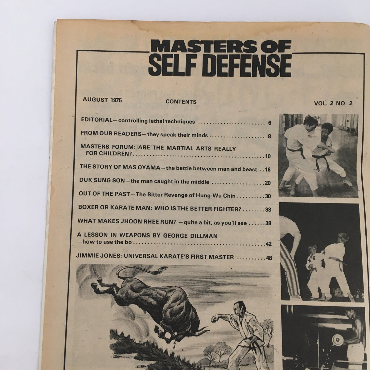 Masters of Self Defense Magazine August 1975 inside contents page, detailing articles about martial arts techniques and philosophies, including features on Jimmie Jones.