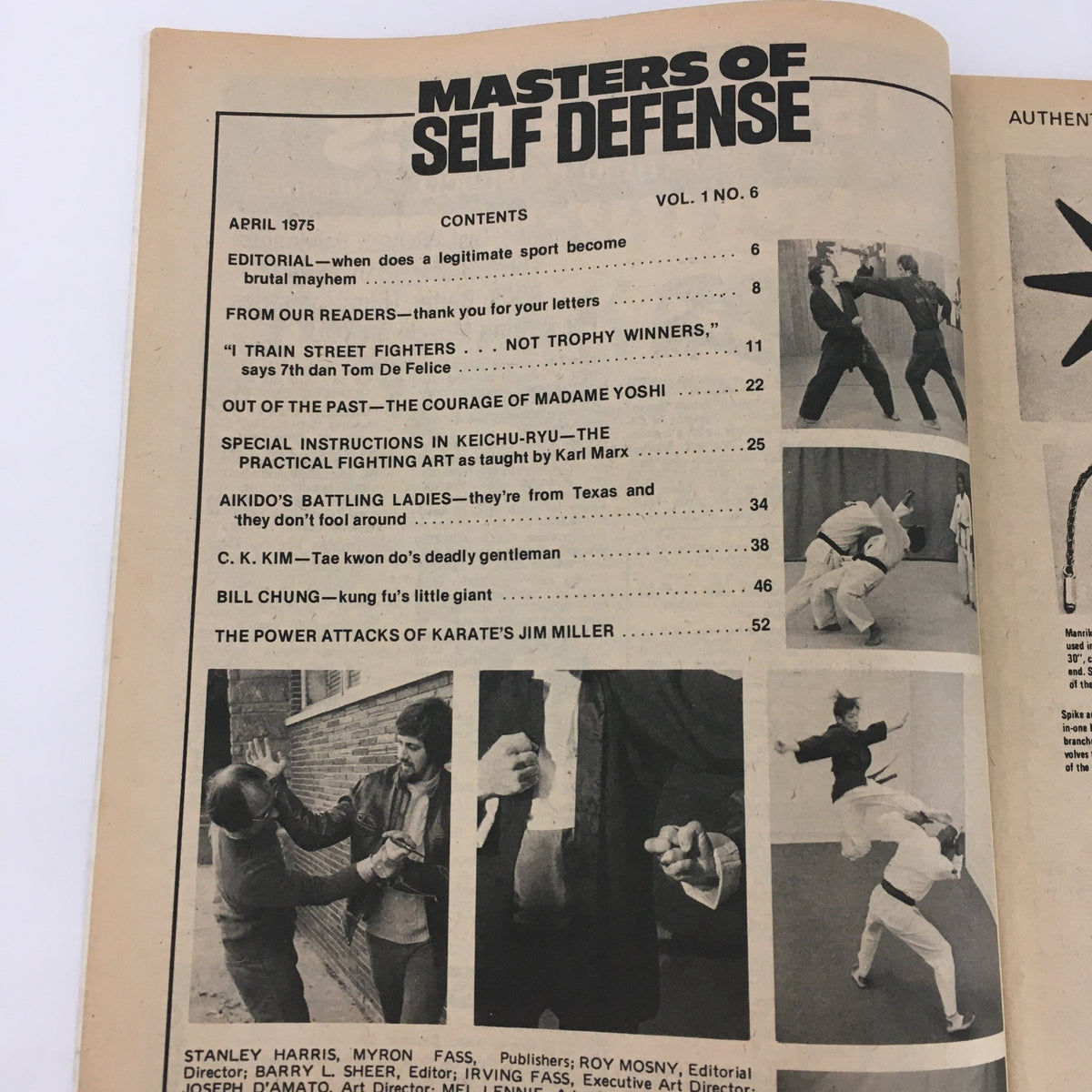 Contents page of Masters of Self Defense Magazine April 1975 Vol 1 #6 highlighting articles on martial arts techniques and training features