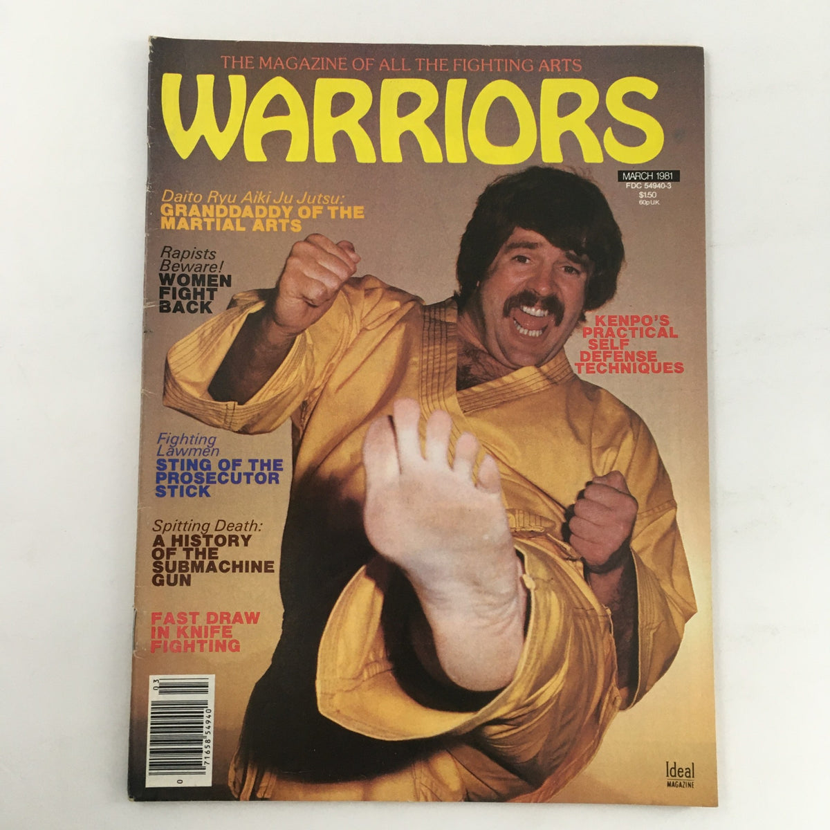 Cover of Warriors Magazine March 1981 No. 18 featuring Daito Ryu Aiki Ju Jutsu, showcasing a martial artist in a yellow gi demonstrating a kick with bold text highlighting articles on self-defense techniques.