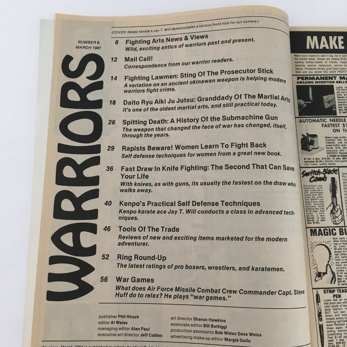 Inside page of Warriors Magazine March 1981 No. 18 listing articles including Daito Ryu Aiki Ju Jutsu, self-defense techniques for women, and knife fighting, highlighting the content and historical value of the martial arts magazine.