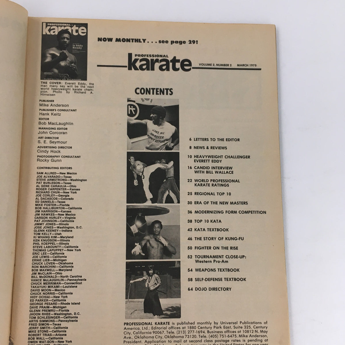 Table of contents page from Professional Karate Magazine March 1975 Vol 2 #2, detailing featured articles and contributors in the issue.