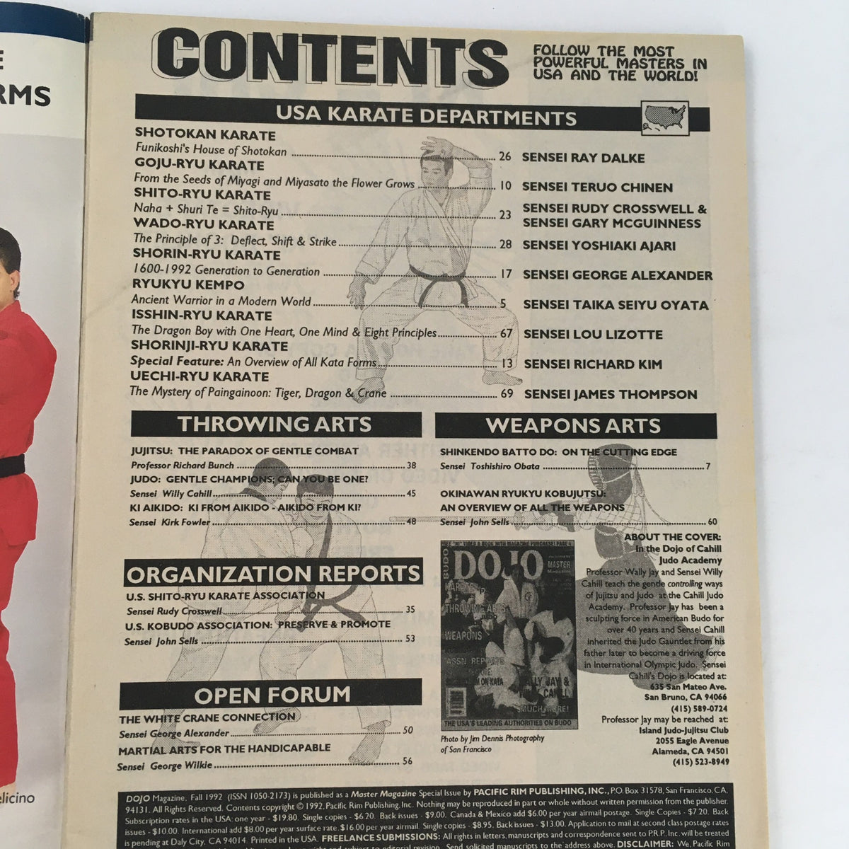Contents page of Dojo Magazine Fall 1992, detailing features on martial arts styles and influential instructors.