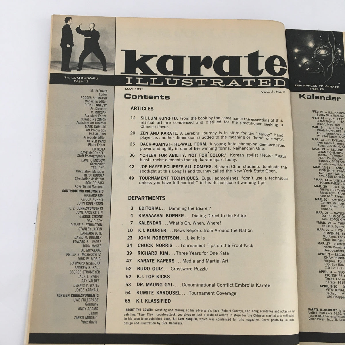 Inside page of Karate Illustrated Magazine May 1971 Vol 2 #5 displaying the contents section with articles on Sil Lum Kung-Fu, Zen and Karate, and tournament techniques.