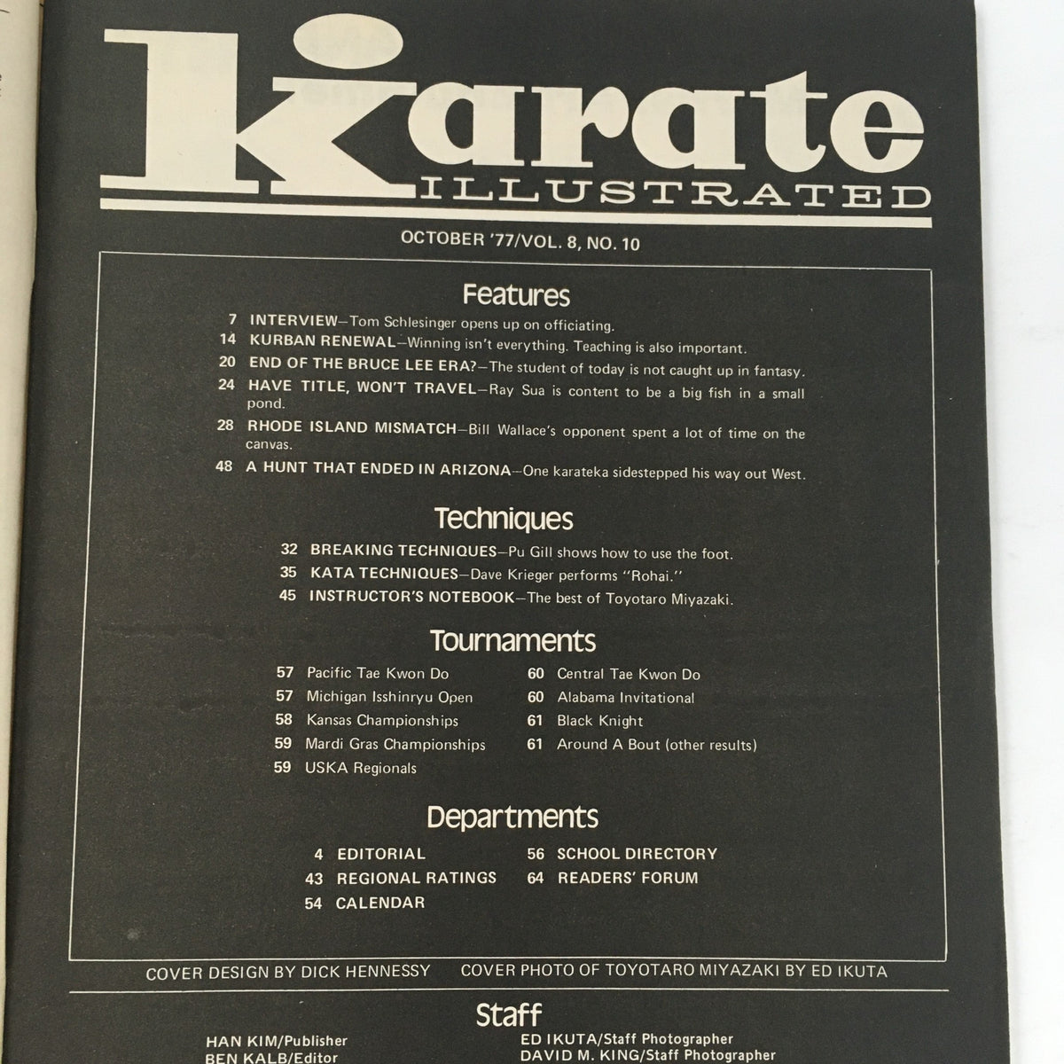 Inside page of Karate Illustrated Magazine, October 1977, showcasing features and articles including a profile on Toyotaro Miyazaki.