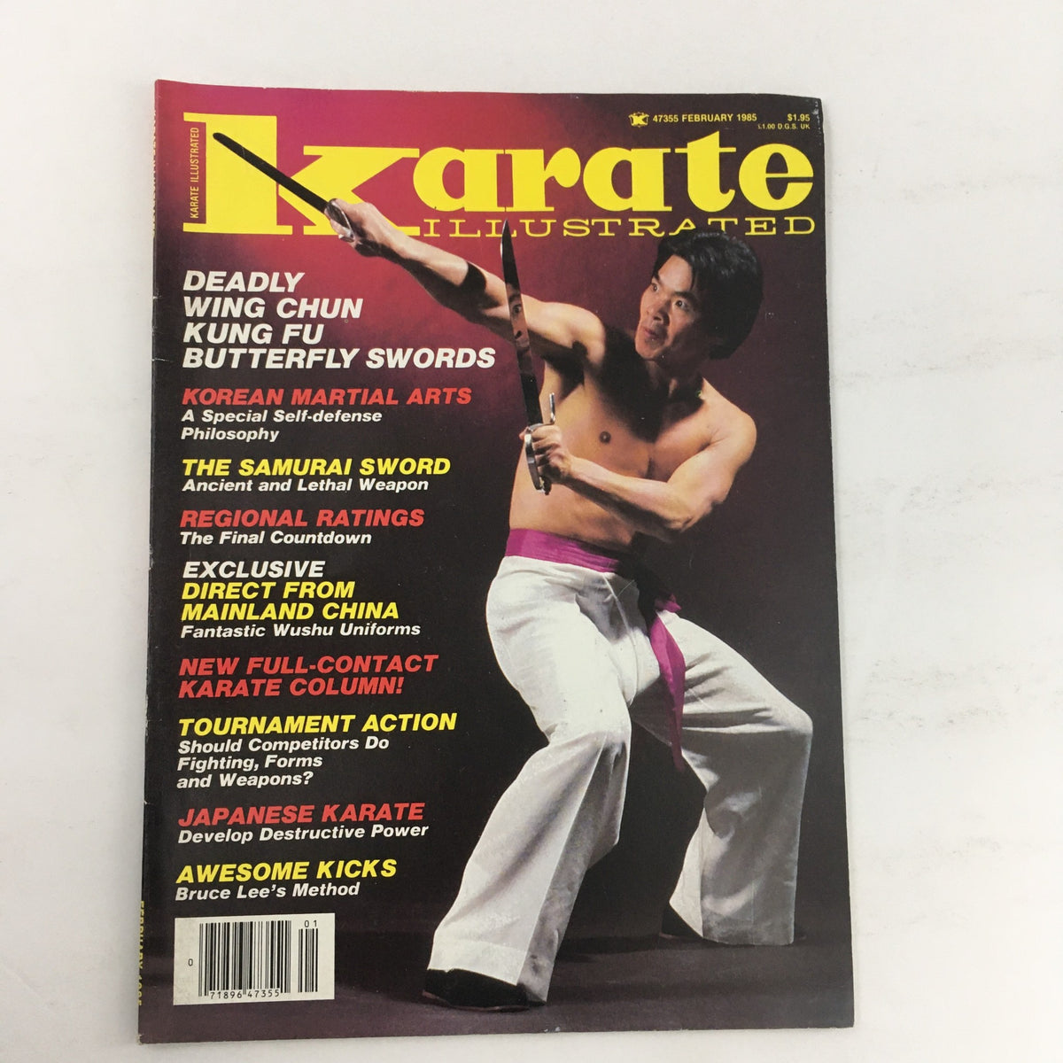 Cover of Karate Illustrated Magazine February 1985 Vol 16 #2 featuring an illustration of a martial artist demonstrating a butterfly sword technique, highlighting key topics such as Wing Chun, karate philosophy, and tournament action.