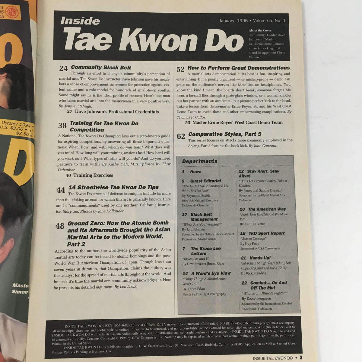 Inside page of Inside Tae Kwon Do Magazine January 1996 Vol 5 #1, detailing articles on martial arts training and self-defense tips.