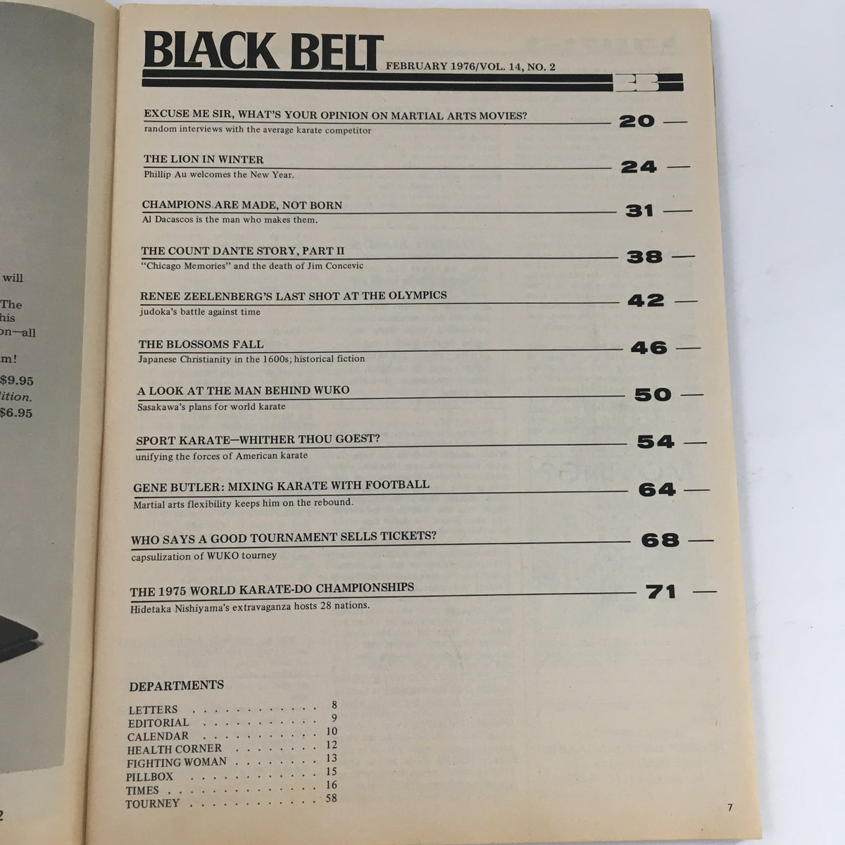 Table of contents from Black Belt Magazine February 1976 Vol 14 #2 featuring articles including Al Dacascos's feature, martial arts history, and sports karate topics.