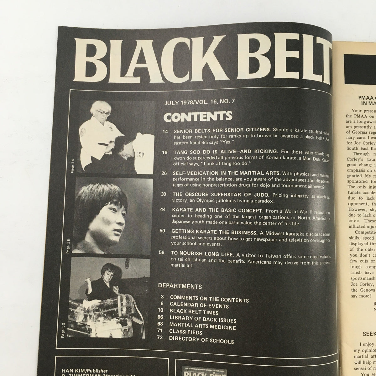 Black Belt Magazine July 1978 Vol 16 #7 cover showcasing the contents including articles on martial arts, featuring Jeong Sook Lee and Jeff Scott.