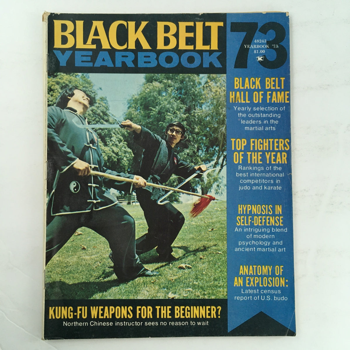 Cover of Black Belt Yearbook October 1973 Vol 11 #10 showcasing martial arts figures and features including instructor Raymond Wong and articles on top fighters and hypnosis in self-defense.