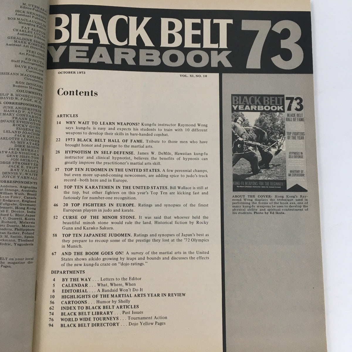 Inside page of Black Belt Yearbook October 1973 Vol 11 #10 displaying the table of contents with articles on learning weapons, martial arts rankings, and instructor profiles.