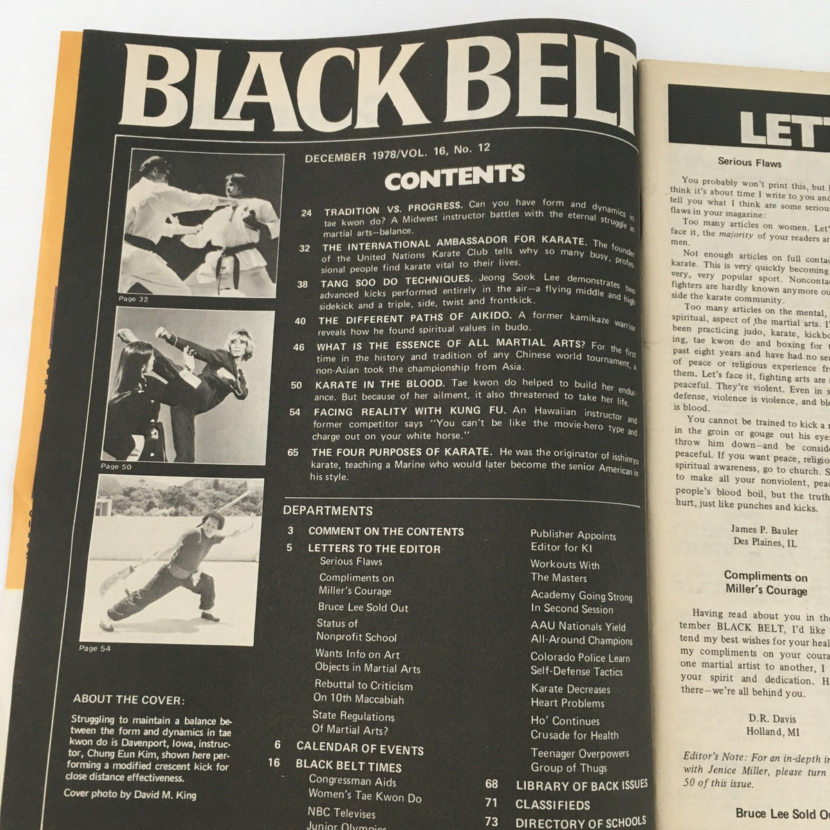 Contents page of Black Belt Magazine, December 1978, detailing articles including 'Tradition vs. Progress' and featuring martial arts techniques and profiles.
