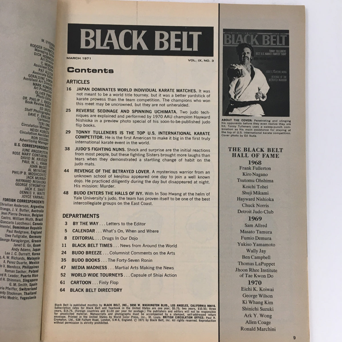 Contents page of Black Belt Magazine March 1971 Vol 9 #3, detailing articles and key features including Tonny Tulleners' karate techniques.