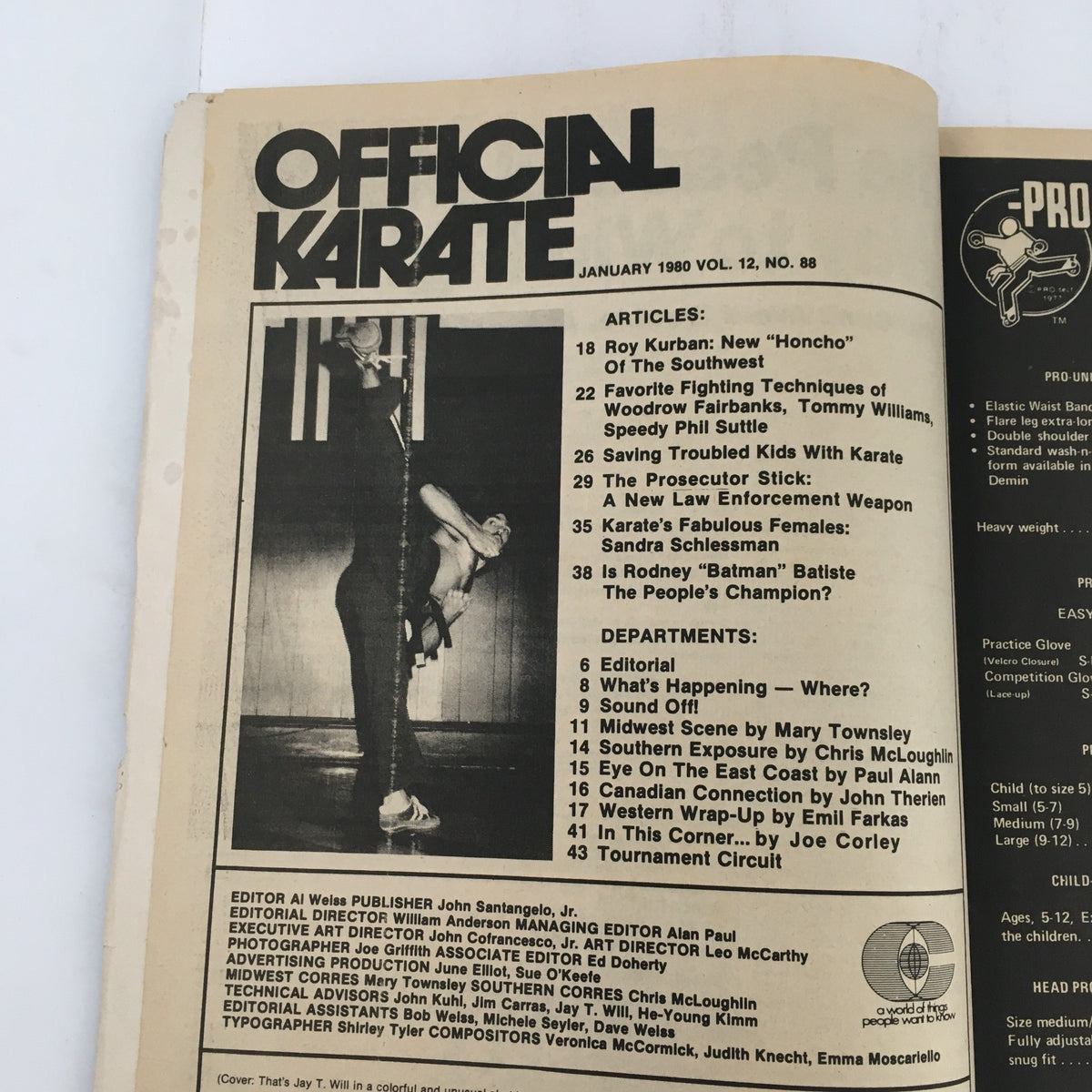 Inside page of Official Karate Magazine January 1980 Vol 12 #88 displaying article titles including coverage of Roy Kurban and other martial arts topics.