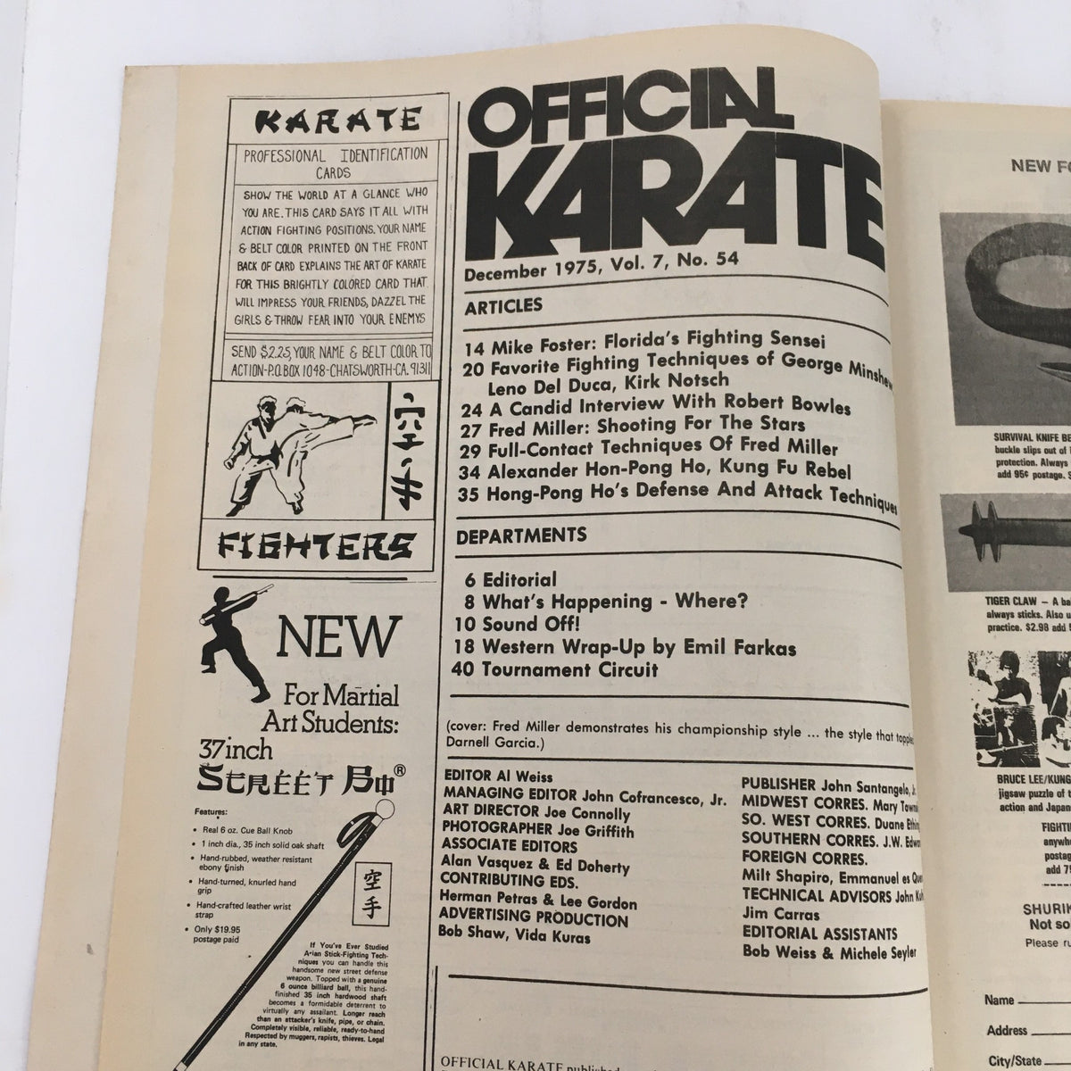 Interior page of the Official Karate Magazine December 1975, Volume 7, Issue 54, displaying the table of contents and article titles including features on Mike Foster and Fred Miller.