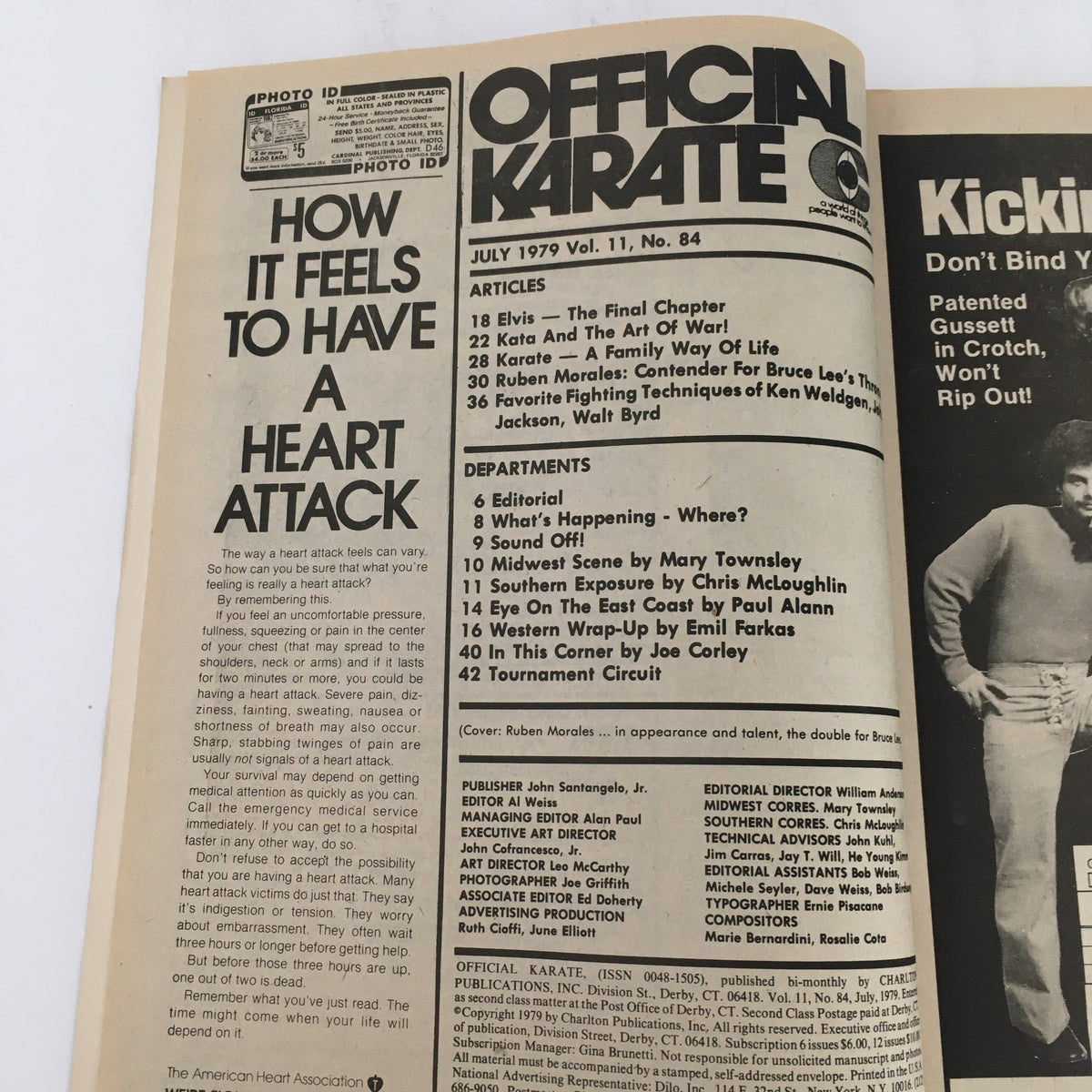 Inside page of Official Karate Magazine July 1979, featuring articles and content index, highlighting Elvis Presley and karate discussions.