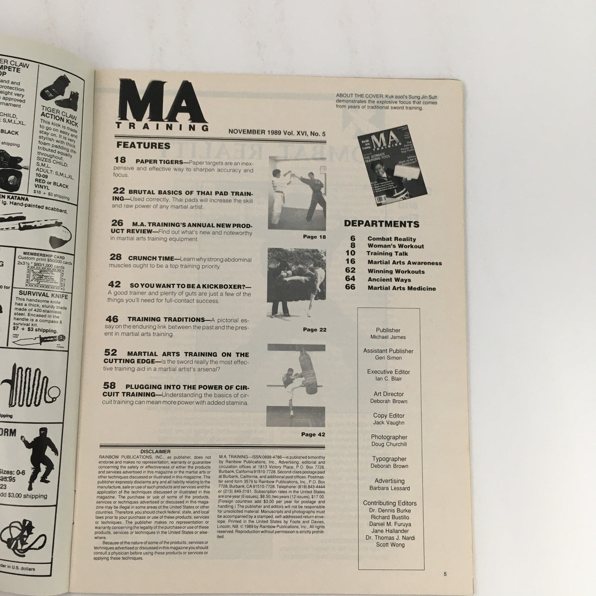 Inside page of MA Training Magazine, November 1989, Vol 16 #5, showcasing the table of contents including articles on paper training and martial arts traditions.