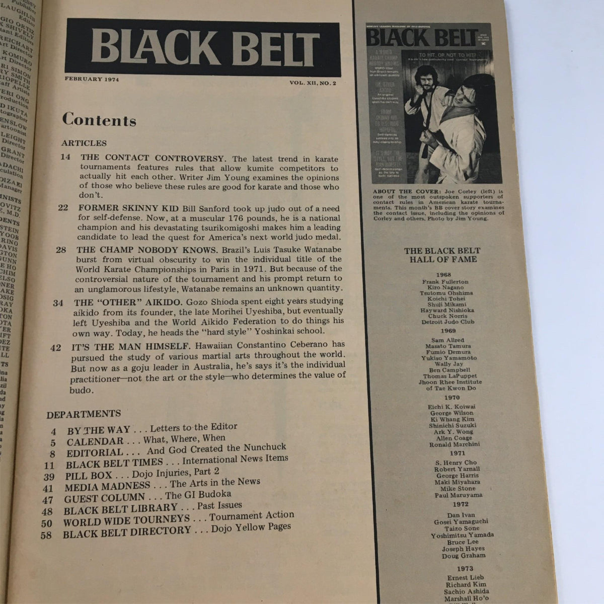Contents page of Black Belt Magazine February 1974 listing articles and topics including notable martial artists like Joe Corley and Luis Tasuke Watanabe.