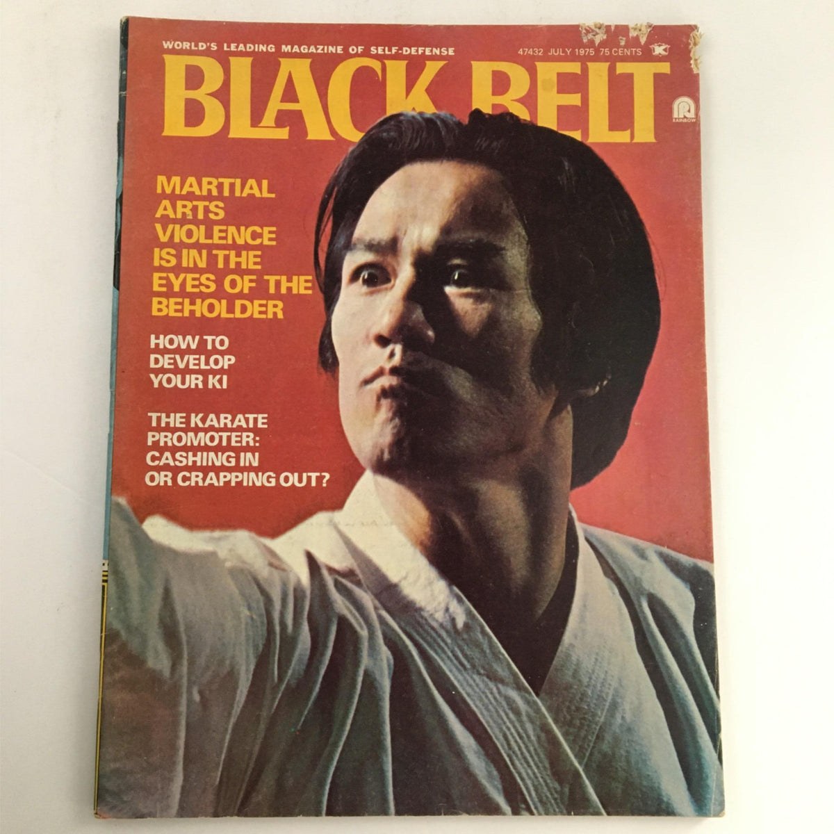 Cover of Black Belt Magazine July 1975 featuring martial arts themes and the phrase 'Martial Arts Violence Is In The Eyes Of The Beholder'.
