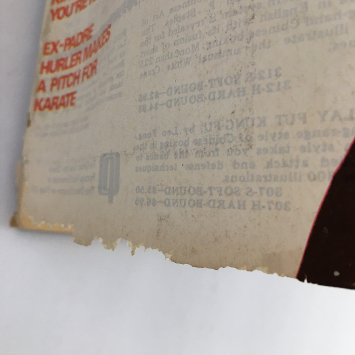 Close-up of page edge from Karate Illustrated Magazine January 1976, showing details on publication information and page quality.