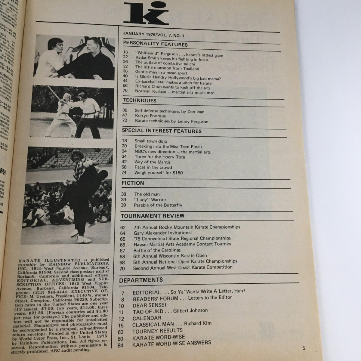 Interior page of Karate Illustrated Magazine January 1976, listing articles and techniques from the issue including martial arts features.